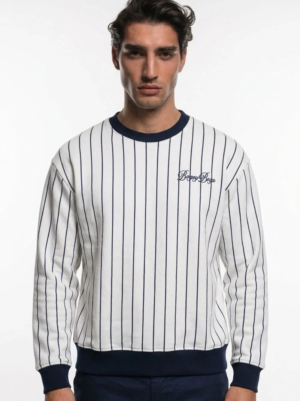 BOGEY BOYS | NEW Pinstripe Crewneck Sweatshirt Navy Blue/White Men’s Size Large